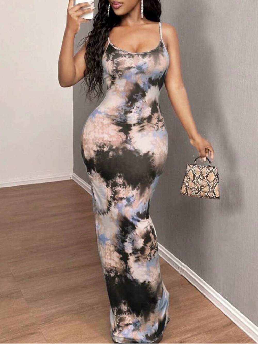 SHEIN Black, Pink & Blue Tie-Dye Spaghetti Strap Maxi Dress